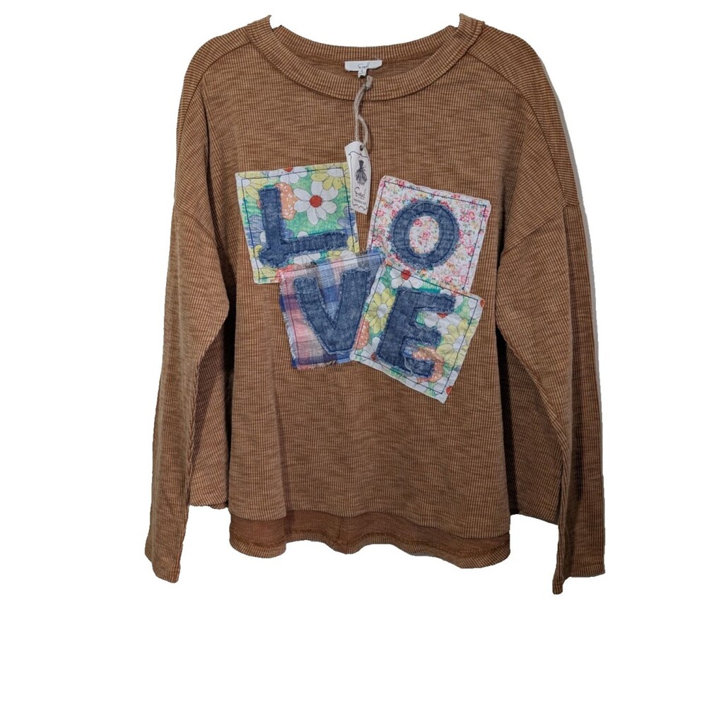 Easel LOVE Patch Ribbed Long Sleeve Top Boho Casual Oversized Small